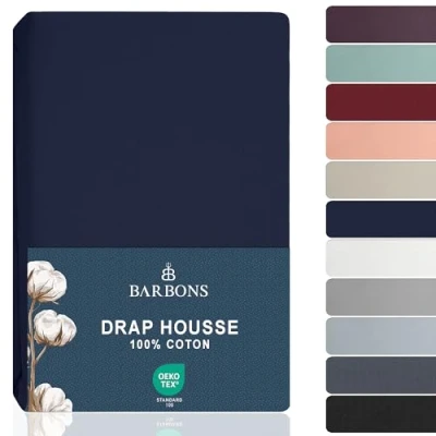 Image de Barbons Drap Housse 140x190 cm / 140x200 cm, 100% Coton Draps Housses Certifié Oeko TEX Premium en Jersey pour Matelas Bonnet jusqu&#039;à 25 Bleu Marine 140 x 190/200