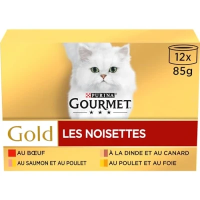 Image de GOURMET GOLD Chat Les Noisettes Effilés en sauce Bœuf, Poulet Foie, Dinde Canard, Saumon 12 x 85 g Lot de 8 Boite