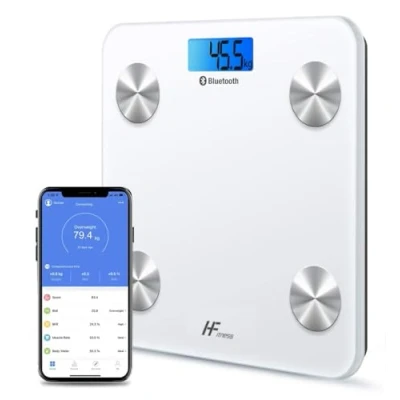 Image de HF 19x Indices de composition corporelle balance pese personne 28x28cm Graisse iOS et Android App Numérique Intelligente Mesureur Poids Corporel IMC Bluetooth Blanc