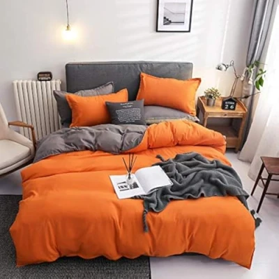 Image de Damier Parure de lit réversible orange 200 x cm et 2 taies d&#039;oreiller 80 en microfibre super douce avec fermeture éclair