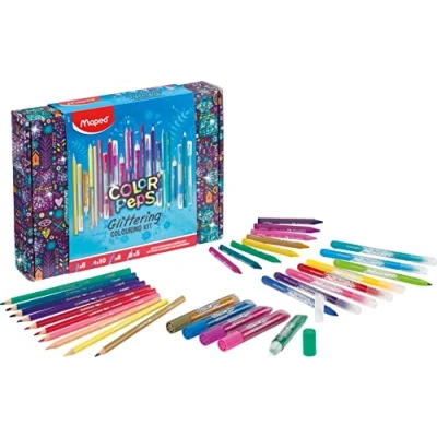 Image de Maped Kit de Coloriage Scintillant Color’Peps 8 Feutres à paillettes + 10 Crayons couleur craies 5 tubes gel 984722 Multicolore