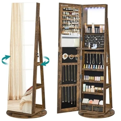 Image de SONGMICS Armoire à Bijoux avec Miroir sur Pieds, Verrouillable, 6 LED, Rangement Pivotant 360, Psyché sans Cadre, 3 Étagères, Surface en Marron Rustique, Doublure Noir JJC007X01