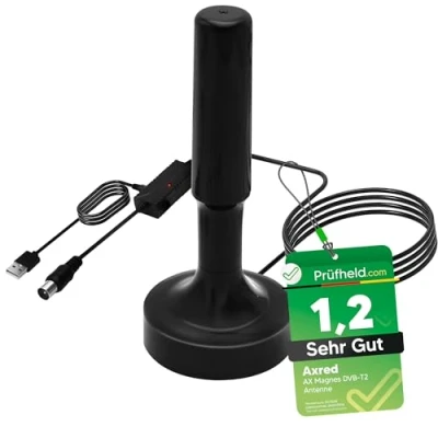 Image de antenne Anadol AXRED Magnes DVBT2 avec amplificateur 30 dBi pour l&#039;intérieur et l&#039;extérieur, DVBT récepteur TV DAB DAB+ radio, DVB T T2, d&#039;intérieur 5 m