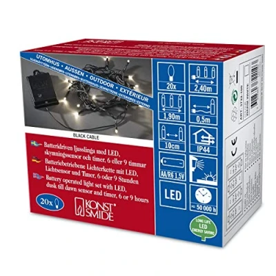 Image de Konstsmide 3722 100 Guirlande 20 LED Blanc Chaud + Interrupteur Détecteur Crépusculaire 1,5 V