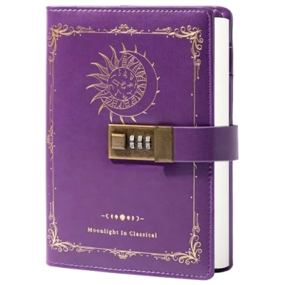 Image de Constellation journal en cuir avec serrure, intime du zodiaque lune soleil pour l&#039;écriture, carnet B6 papier ligné homme et femme (violet)