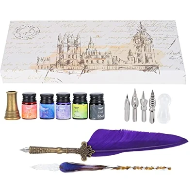 Image de Tomotato Ensemble de Stylos Calligraphie Plume D&#039;encre en Verre Stylo Dip à Encre Plumes D&#039;Oie Rétro avec Kit Boîte Cadeau(Mauve)