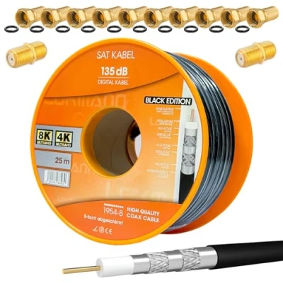 Image de Câble coaxial satellite CCS PRO à 5 voies blindé Noir 135dB 25m d&#039;antenne en acier et cuivre pour installations DVB S/S2/C/T BK + 10 fiches F plaquées or 2 connecteurs gratuits