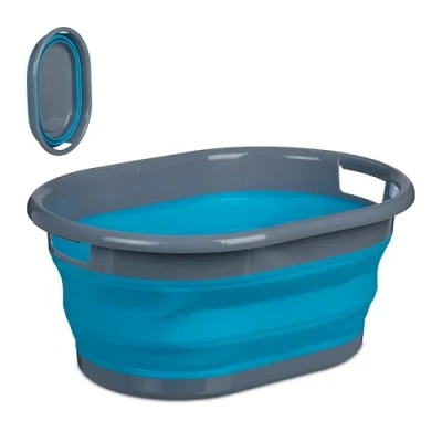 Image de Relaxdays Panier à Linge, Pliable, Volume : 21 litres, en Plastique, Peu encombrant, avec poignées, Bleu et Gris