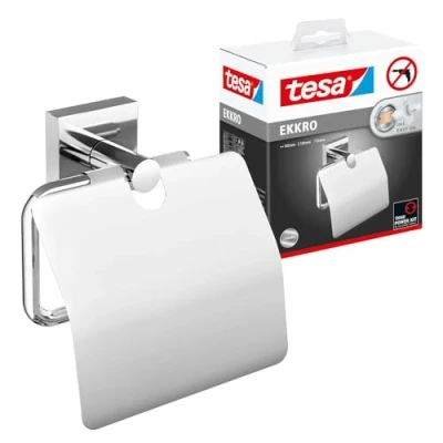 Image de tesa EKKRO dérouleur papier toilette avec couvercle, l&#039;élégant support à wc en métal chromé impressionne par son design arrondi classique et montage simple, 53 mm x 140 128