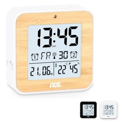 Image de ADE Horloge numérique a Piles reveil Radio piloté avec 2 Heures de réveil Affichage la température e humidité Voyage Fonction Snooze Blanc