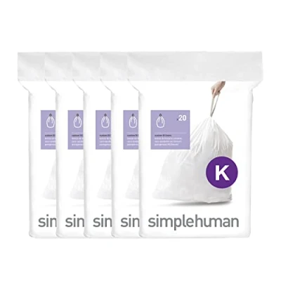 Image de simplehuman Code K Lot de 100 sacs poubelle avec cordon serrage en paquets distributeurs, 35 à 45 litres, blanc