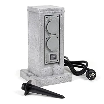 Image de WilTec Colonne de Prises Quadruple Aspect Granit, IP44, Prise extérieure, Deux Interrupteurs, Câble 1,5 m