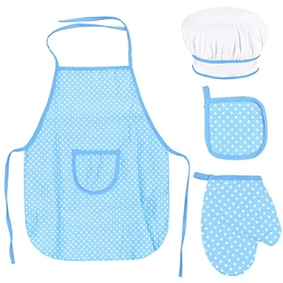 Image de Ensemble chef pour Enfants, réglable tablier Cuisine tout petit avec Chapeau Chef, Gant de Tapis Résistant à La Chaleur Garçons Filles 3 8 Ans (Bleu)