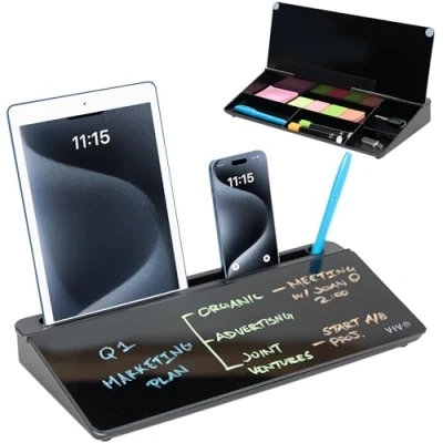 Image de Vivo DESK WB16B Tableau blanc en verre effaçable à sec avec rangement, compartiments cachés et fente pour appareil, noir, 40,6 x 17,8 cm