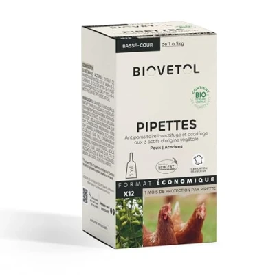 Image de BIOVETOL Pipettes Antiparasitaires Basse Cour Antiparasitaire Bio Certifié Ecocert Anti puces, Tiques (12 pipettes)