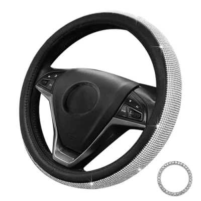 Image de Pahajim Couvre Volant Universelle en Cristal, Housse Voiture Cuir avec Strass Bling,38cm Cache à Paillette Diamant pour Femmes Decoration (Noir Blanc)