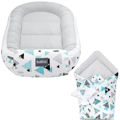Image de Bellochi Ensemble 2 en 1 Cocon Bebe et Nid d&#039;ange Bébé Réversible Couverture Enveloppante Reducteur de Lit 100% Coton Tresor