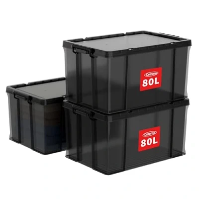 Image de Cetomo Lot de 3 boîtes rangement en plastique avec couvercle durable et boucles verrouillage sécurisées, empilables emboîtables, noir transparent boucle noire
