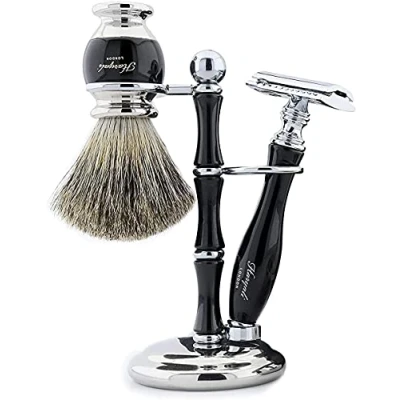 Image de Rasoir de Sécurité (Lames Pas Inclu) Set 100% Fait à la Main Ensemble Rasage pour Hommes. Idéal Cadeau This Noël. le Noir Pur Blaireau Bol Raser avec Savon et Brosse Support.