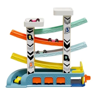 Image de Topbright 1210922022de0001 Jeu educatif de Toboggan Voiture Course, Piste pour Enfants 1 2 Ans, Course avec 4 Voitures, Parking et Garage, en Bois, Sans BPA