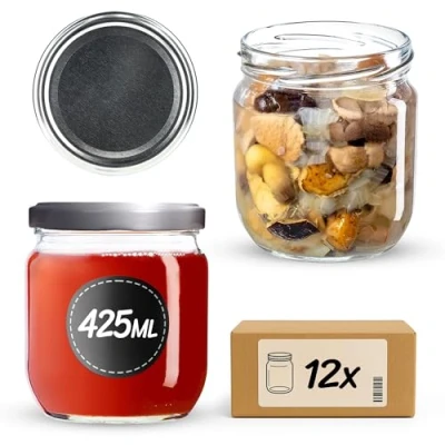 Image de KADAX Lot de 12 pots à confiture avec couvercle visser, 425 ml, pour confitures, miel Argenté