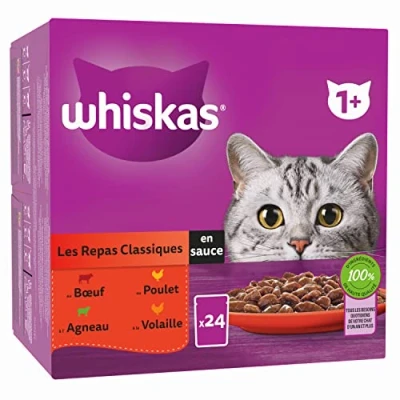 Image de WHISKAS Repas pour Chat 48 Sachets Fraîcheur (Lot de 2 Packs 24x85g) Les Classiques (4 variétés) Pâtée Adulte en Sauce. Nourriture Humide Complète Adaptée aussi Chats Stérilisés