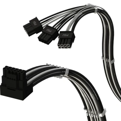 Image de LINKUP AVA Angle Droit PCIE 5.0 16 Broches (12+4) vers 3x8 16AWG Gainé Compatible avec Les Cartes Graphiques RTX40 &amp; RTX30 FE Conçu pour alimentations ASUS/EVGA 70 cm