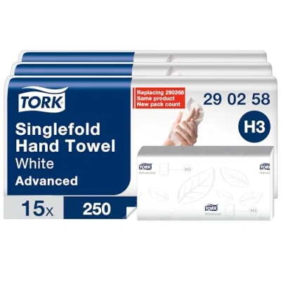 Image de Tork Essuie mains pliés en V blanc H3, Papier d&#039;essuyage Advanced pour Distributeur, Absorbant et indéchirable, grand, 2 plis, 15 x 250 feuilles, 290258