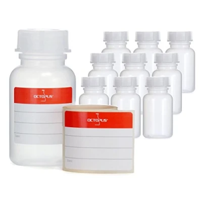 Image de 10 flacons à col large de 100 ml en PEPD avec fermeture vis, produits chimiques vides, bidons laboratoire couvercle comme récipient stockage pour laboratoire, cuisine ou loisirs