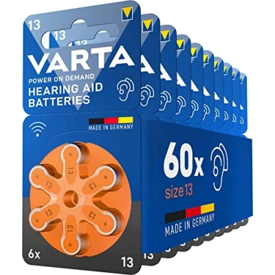 Image de VARTA Piles auditives type 13, orange, lot de 60, Power on Demand batteries pour Amplificateur Appareil Auditif, Aide Auditive, Made in Germany [Exclusif sur Amazon]