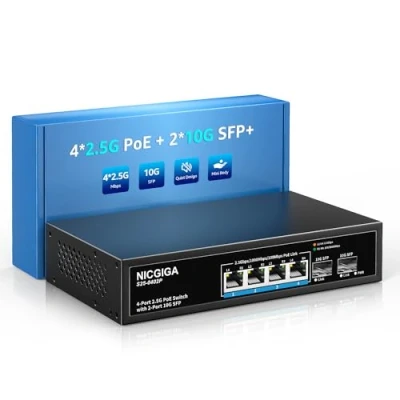 Image de NICGIGA 4 Port 2.5G PoE Switch Unmanaged with x 2.5Gb Base T PoE+@78W + 2 10G SFP Uplink, 2.5Gbe IEEE802.3af/at Power Over Ethernet Switch, Support WiFi6 AP, NAS, 4K Camera NVR.