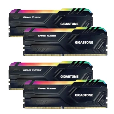 Image de 【RGB DDR4 RAM】 GIGASTONE Game Turbo 64Go Kit(4x16Go) 3200MHz PC4 25600 CL16 18 40 Intel XMP 2.0 AMD Ryzen 1.35V UDIMM 288pin UnbuffeRouge Non ECC Mémoire Haute Performance pour PC Bureau Noir