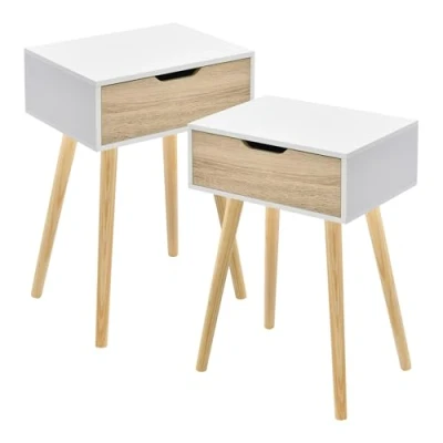 Image de [en.casa] Lot de 2 Tables d&#039;Appoint avec Tiroir Ensemble Basses Bouts Canapé Chevet Panneau Particules Bois 60 x 40 30 cm Blanc Effet Chêne