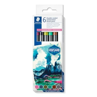 Image de STAEDTLER 3001 6 feutres double Pointe de coloriage aquarellables assortis pinceau 1 mm fine 0,5 0,8 Edition Design Journey Etui carton C6 4