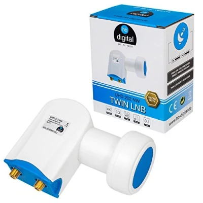 Image de HB DIGITAL Ultra HD Twin LNB Blanc UHD 4K Full DVB S/S2 Facteur de bruit 0,1 dB pour deux récepteurs satellite (connexion directe) Contacts dorés Protection contre les intempéries