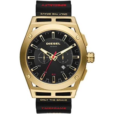 Image de Diesel Timeframe Montre pour Hommes, Mouvement Chronographe avec Bracelet en Silicone, Acier Inoxydable ou Cuir, Ton Or et Noir, 48mm