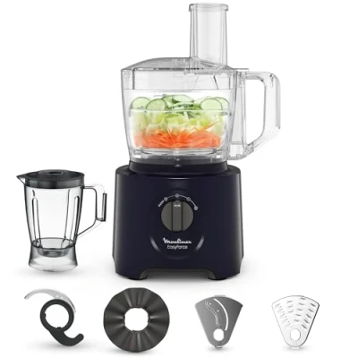 Image de Moulinex Easy Force Robot cuisine multifonction, 800 W, 25 fonctions, 2 vitesses + pulse, 6 accessoires dont 1 blender inclus, Compact FP247810, Bleu Nuit