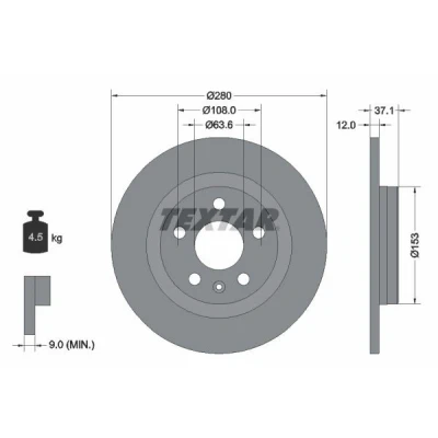 Image de TEXTAR 92323803 Disque de frein 280 12 05/06 108 plein revêtu sans boulon fix roue, moyeu roue VOLVO: XC40