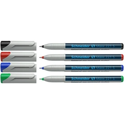 Image de Schneider Marqueur non permanent pour rétroprojecteurs 221S,étui de 4 pcs., avec pointe fine S, 0,4 mm largeur tracé Contenu: noir, rouge, bleue,