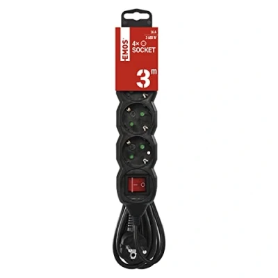 Image de EMOS Multiprise 4 Prises 3 m avec Interrupteur Schuko orientées à 45 250 V, 16 A, 3680 W Isolation PVC H05VV F3G 1,5 mm² Protection renforcée Contre Les Contacts IP20 pour