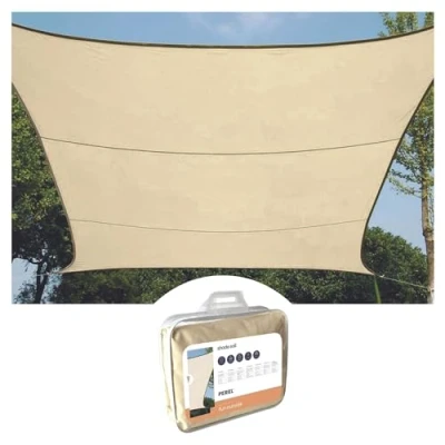 Image de Perel Voile d&#039;ombrage, déperlante, Bloque jusqu&#039;à 90% des Rayons UV nocifs, 4 Anneaux en O Acier Inoxydable, 3,6 x m, 160 g/m², Polyester, carrée, crème