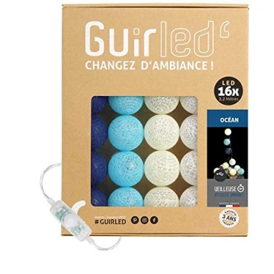 Image de GuirLED Guirlande lumineuse boules coton LED USB Veilleuse bébé 2h Adaptateur secteur double 2A inclus 3 intensités 16 1.6m Océan