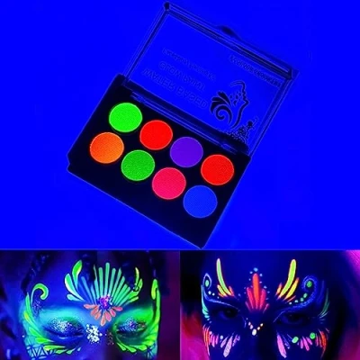 Image de peinture faciale et corporelle réactive à la lumière noire UV, Pigment base d&#039;eau de noire, Poudre fluorescente au néon 8 couleurs