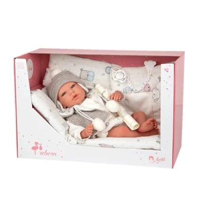 Image de ARIAS ARI98075 Poupée Reborn Vega de 40 cm avec Couverture Blanche, bébé réaliste Linge Gris, tétine et Couche, Membres en Vinyle Corps Souple, Jouet pour garçons Filles à partir 3 Ans