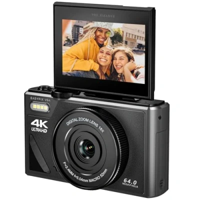 Image de Easypix V64 Flip Appareil photo numérique 13 Mill. pixel noir batterie intégrée, WiFi, vidéo 4K, Full HD