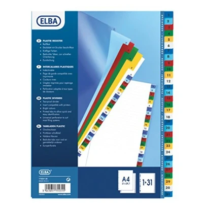 Image de Elba 100204790 Intercalaire numérique A4 en polypropylène 12/100 Couleurs assorties