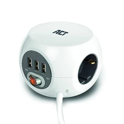 Image de ACT Bloc multiprise avec USB, Powercube 3 Prises USB A (2,4 A/12 W) Interrupteur, Prise Prises, Tampon adhésif pour Cuisine, Bureau, Salon, Longueur du câble m, Couleur Blanc AC2410