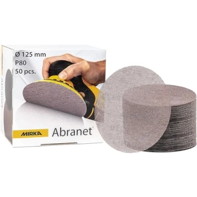 Image de MIRKA Abranet Grille abrasive Ø 125mm autoagrippant Grain P80 50 pcs Convient à toutes les ponceuses excentriques Pour poncer le bois, mastic, la peinture, plastique