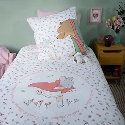 Image de Ernest et Celestine Jardin Parure de Lit Enfant 1 Personne 100% Coton Oeko TEX Housse Couette 140x200 cm + Taie d&#039;oreiller 63x63 Imprimé Réversible Fille Blanc