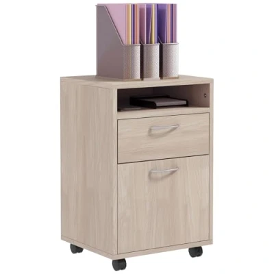 Image de HOMCOM Caisson de Bureau à roulettes, Meuble Rangement Mobile, avec tiroir, Placard et Niche, pour Documents Dossier Suspendu, 40 x 35 60 cm, chêne
